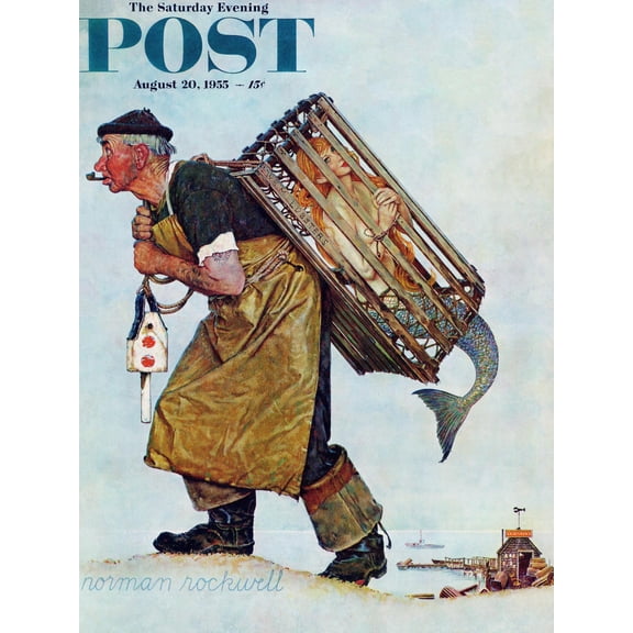 Art.com Mermaid or Lobsterman Saturday Evening Post Cover, August 20,1955 Giclee Print by Norman Rockwell, 12" x 16"