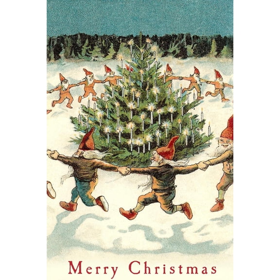 Art.com Merry Christmas, Elves Dancing Around Tree Art Print, 12" x 18"