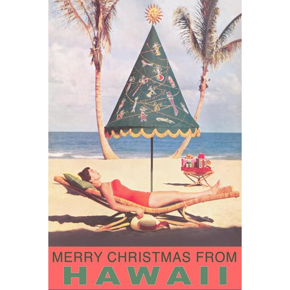 Art.com Merry Christmas from Hawaii, Conical Umbrella on Beach Art Print, 16" x 24"