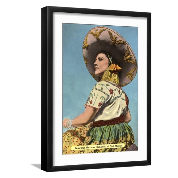 Art.com Mexican Senorita with Hat Art Print, Black Frame Wall Art, 17" x 23"