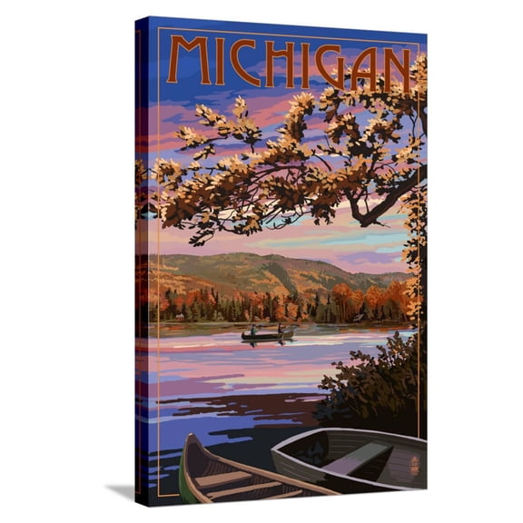 Art.com Michigan - Lake Sunset Scene Stretched Canvas Print Wall Art by Lantern Press, 16" x 24"