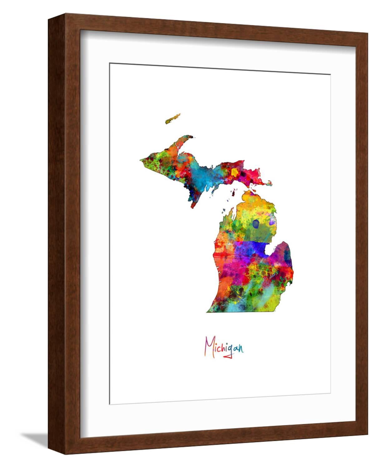 Michigan Pdf Frame Art.com Michigan Map Art Print by Michael Tompsett, Brown Frame Wall ...