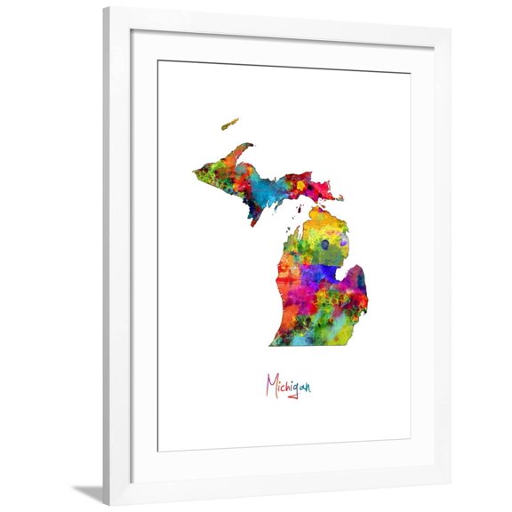 Art.com Michigan Map Art Print by Michael Tompsett, White Frame Wall Art, 32" x 40"