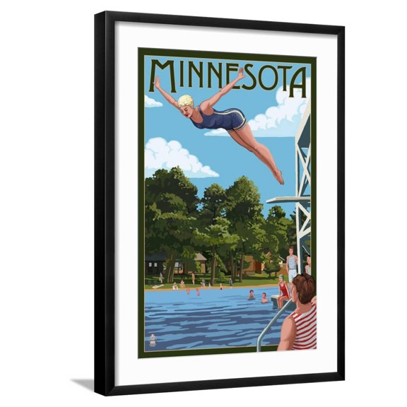 Art.com Minnesota - Woman Diving and Lake Art Print by Lantern Press, Black Frame Wall Art, 21" x 29"