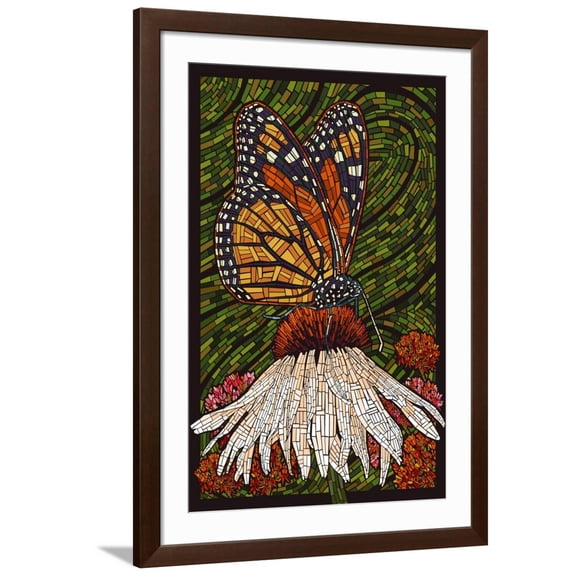 Art.com Monarch Butterfly - Paper Mosaic - Green Background Art Print by Lantern Press, Brown Frame Wall Art, 32" x 44"