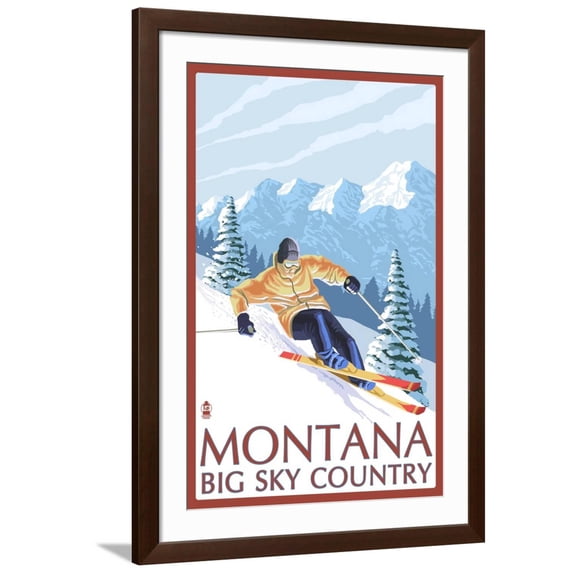 Art.com Montana - Big Sky Country - Downhill Skier, c.2008 Art Print by Lantern Press, Brown Frame Wall Art, 32" x 44"