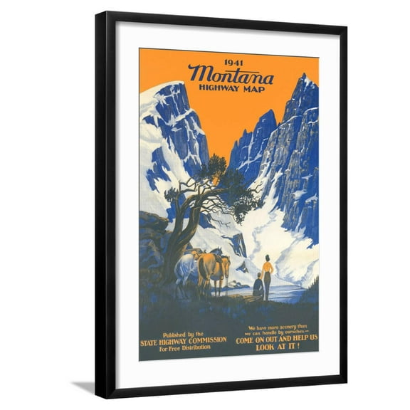 Art.com Montana Highway Map Art Print, Black Frame Wall Art, 21" x 29"
