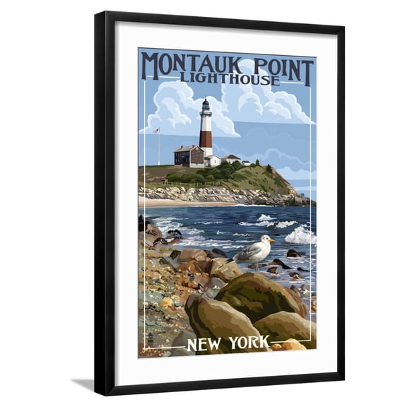 Art.com Montauk Point Lighthouse - New York Art Print by Lantern Press, Black Frame Wall Art, 21" x 29"