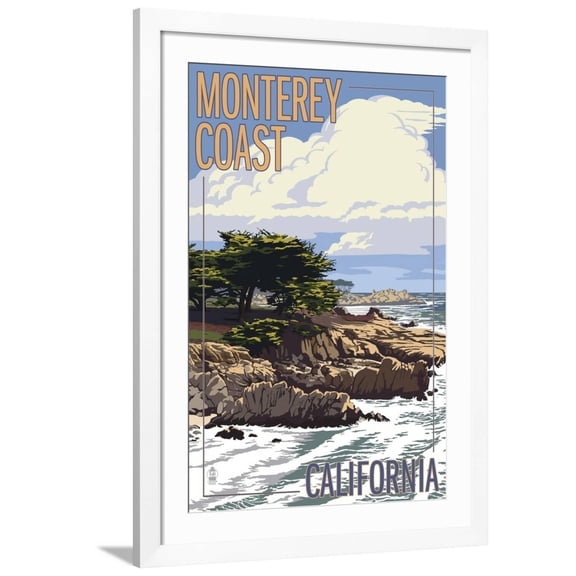 Art.com Monterey Coast, Ca View of Cypress Trees, c.2009 Art Print by Lantern Press, White Frame Wall Art, 32" x 44"