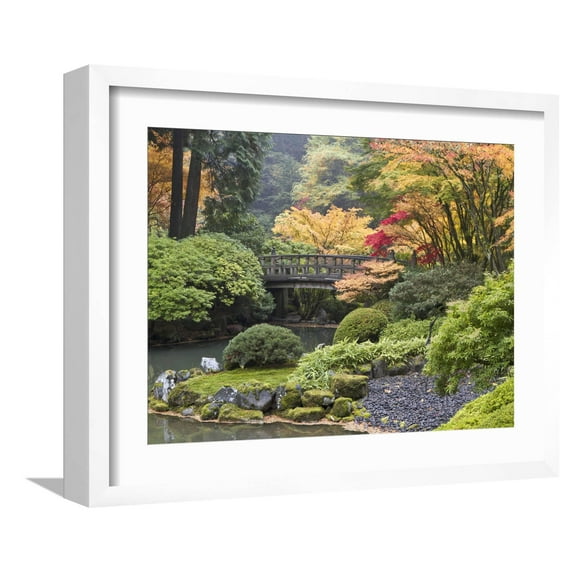 Art.com Moon Bridge, Portland Japanese Garden, Oregon, USA Photographic Print by William Sutton, White Frame Wall Art, 21" x 17"