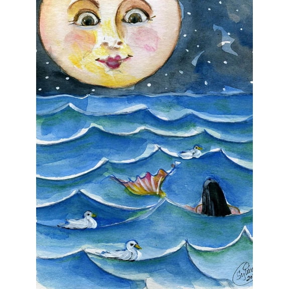Art.com Moon Face Mermaid in The Sea Art Print by sylvia pimental, 12" x 16"