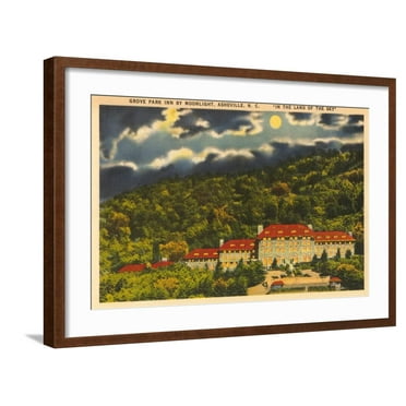 Art.com Moon over Grove Park Inn, Asheville, North Carolina Art Print, Brown Frame Wall Art, 29" x 21"