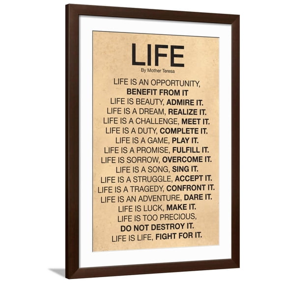 Art.com Mother Teresa Life Quote Poster Art Print, Brown Frame Wall Art, 32" x 44"