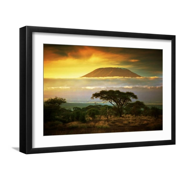 Art.com Mount Kilimanjaro and Clouds Line at Sunset, View from Savanna Landscape in Amboseli, Kenya, Africa Photographic Print by Michal Bednarek, Black Frame Wall Art, 23" x 17"