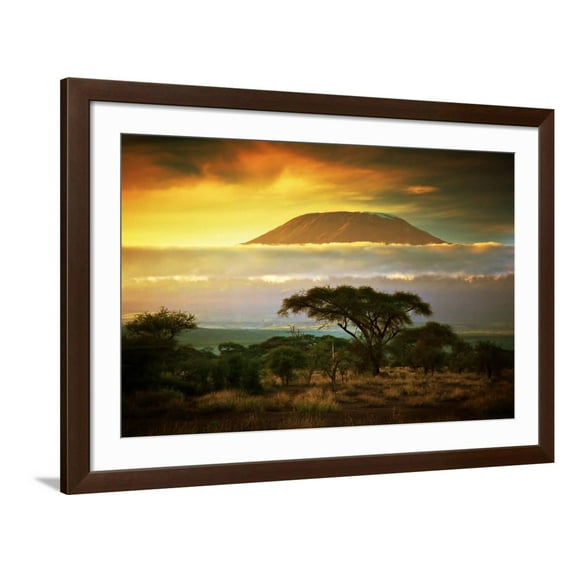 Art.com Mount Kilimanjaro and Clouds Line at Sunset, View from Savanna Landscape in Amboseli, Kenya, Africa Photographic Print by Michal Bednarek, Brown Frame Wall Art, 44" x 32"
