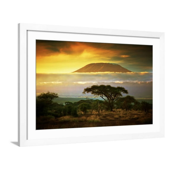 Art.com Mount Kilimanjaro and Clouds Line at Sunset, View from Savanna Landscape in Amboseli, Kenya, Africa Photographic Print by Michal Bednarek, White Frame Wall Art, 44" x 32"