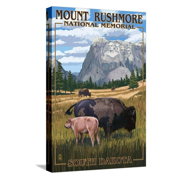 Art.com Mount Rushmore National Memorial, South Dakota - Bison Scene Stretched Canvas Print Wall Art by Lantern Press, 12" x 18"