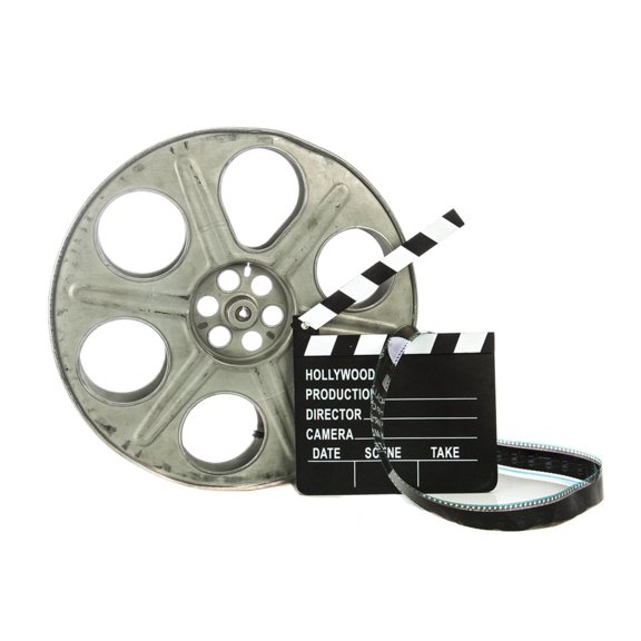 Art.com Movie Clapper Board With Film Reel On White Background Art Print by Steve Collender, 36" x 24"