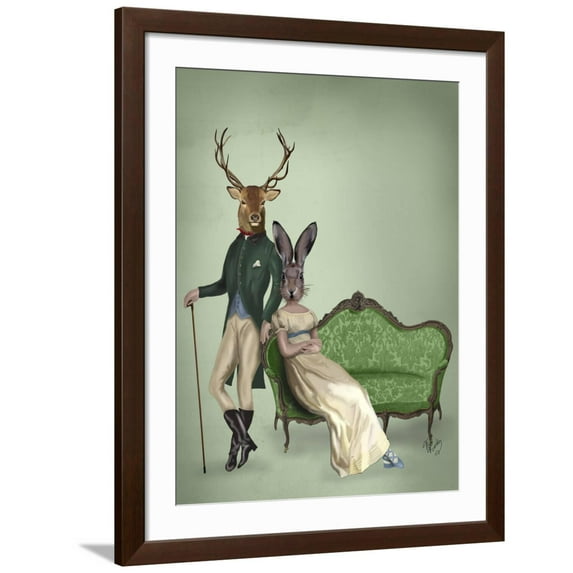 Art.com Mr Deer and Mrs Rabbit Art Print by Fab Funky, Brown Frame Wall Art, 32" x 40"