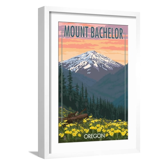 Art.com Mt. Bachelor, Oregon - Pine Martin and Flowers Art Print by Lantern Press, White Frame Wall Art, 17" x 23"