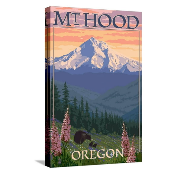 Art.com Mt. Hood, Oregon - Bear Family and Spring Flowers Stretched Canvas Print Wall Art by Lantern Press, 12" x 18"