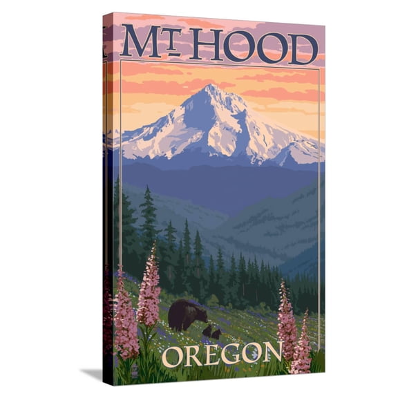 Art.com Mt. Hood, Oregon - Bear Family and Spring Flowers Stretched Canvas Print Wall Art by Lantern Press, 16" x 24"