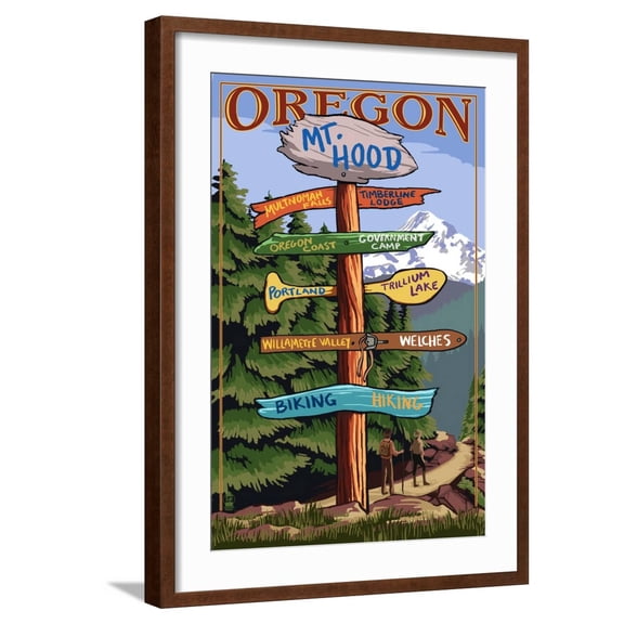 Art.com Mt. Hood, Oregon - Spring Destination Sign Art Print by Lantern Press, Brown Frame Wall Art, 21" x 29"