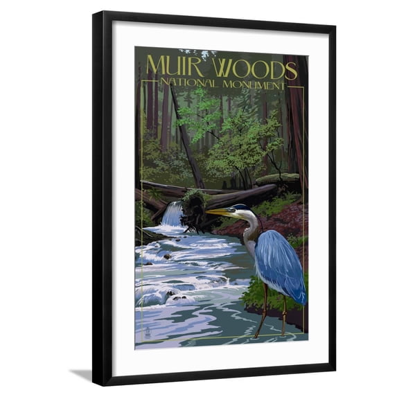Art.com Muir Woods National Monument, California - Blue Heron Art Print by Lantern Press, Black Frame Wall Art, 21" x 29"