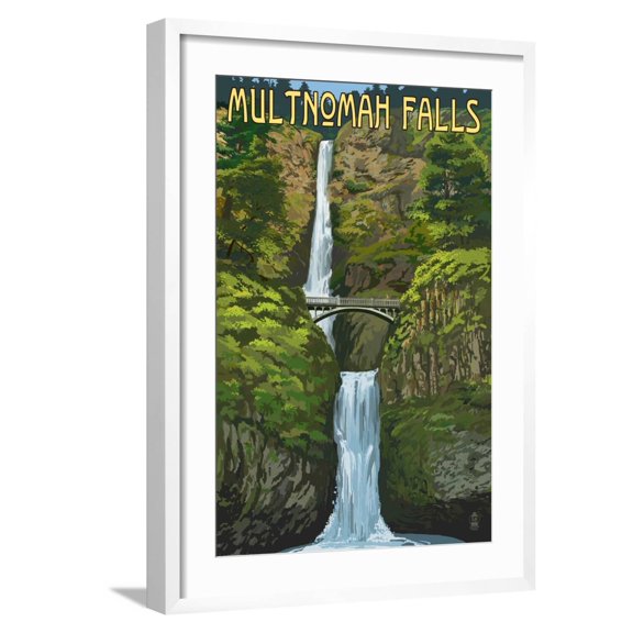 Art.com Multnomah Falls, Oregon - Summer View Art Print by Lantern Press, White Frame Wall Art, 21" x 29"