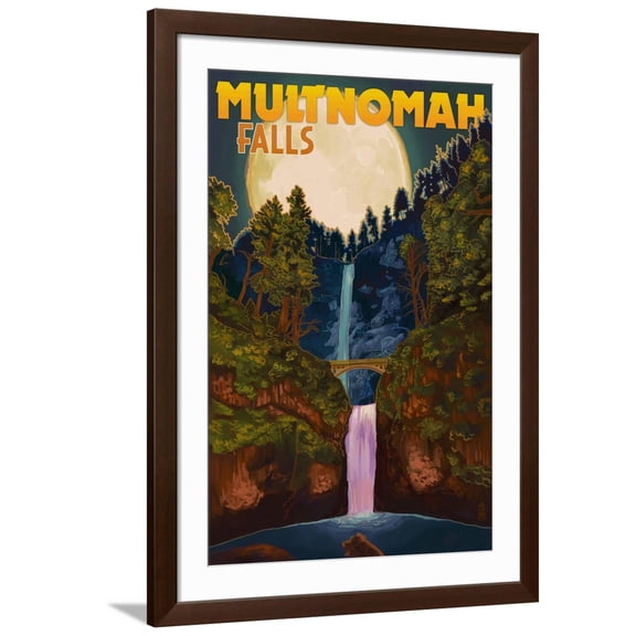 Art.com Multnomah Falls, Oregon and Full Moon Art Print by Lantern Press, Brown Frame Wall Art, 32" x 44"