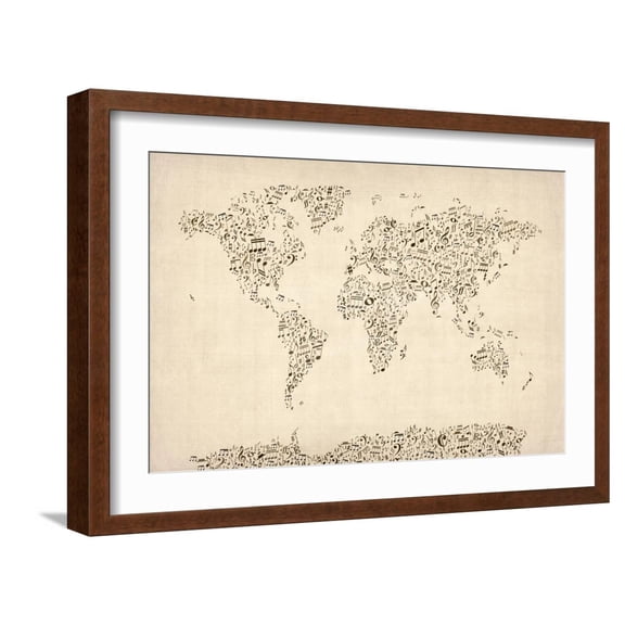 Art.com Music Notes Map of the World Map Art Print by Michael Tompsett, Brown Frame Wall Art, 23" x 17"