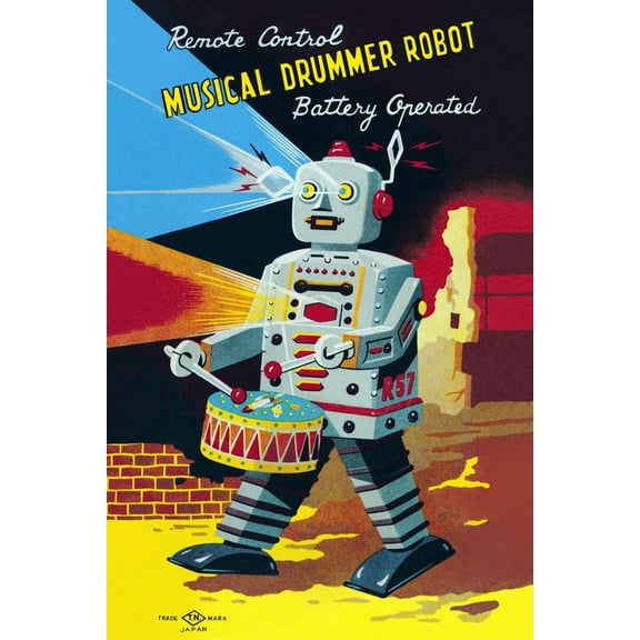 Art.com Musical Drummer Robot Art Print, 12" x 18"