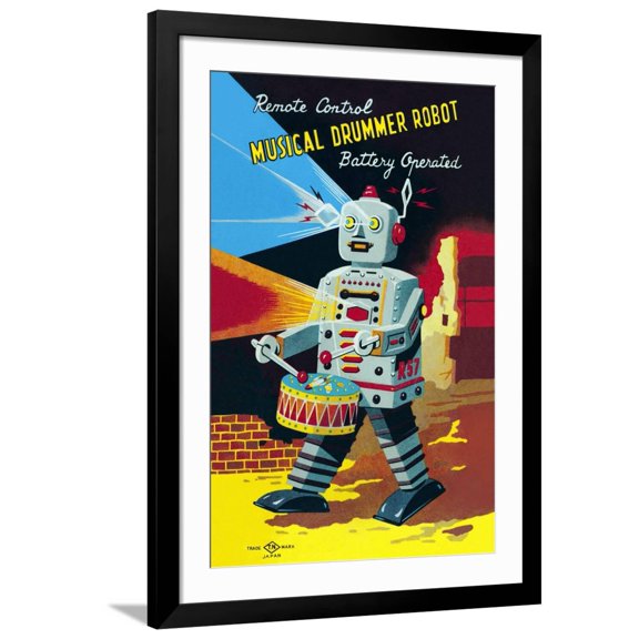 Art.com Musical Drummer Robot Art Print, Black Frame Wall Art, 32" x 44"