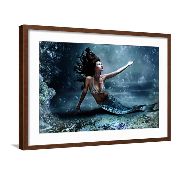 Art.com Mythology Being, Mermaid In Underwater Scene, Photo Compilation Art Print by coka, Brown Frame Wall Art, 29" x 21"