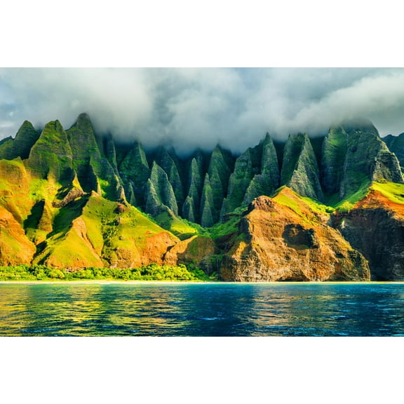 Art.com Na Pali Coast, Kauai, Hawaii View from Sea Sunset Cruise Tour. Nature Coastline Landscape in Kauai Photographic Print, 24" x 16"