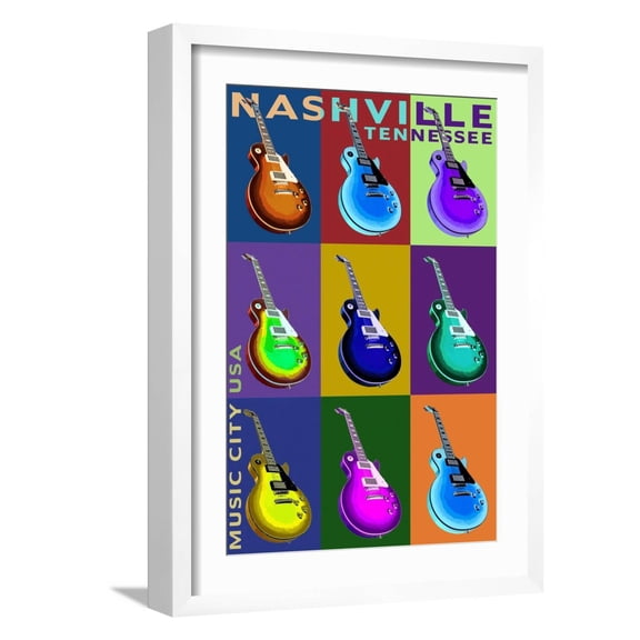 Art.com Nashville, Tennessee - Guitar Pop Art Art Print by Lantern Press, White Frame Wall Art, 17" x 23"