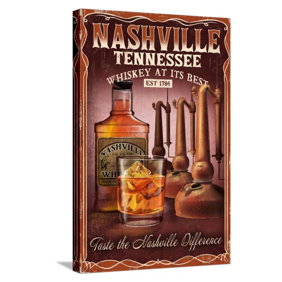 Art.com Nashville, Tennessee - Whiskey Vintage Sign Stretched Canvas Print Wall Art by Lantern Press, 16" x 24"