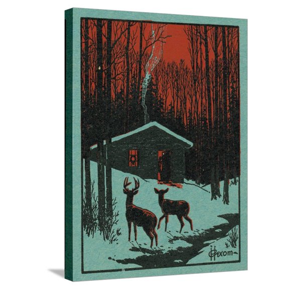 Art.com Nature Magazine - View of Deer in the Forest, Winter Scene with a Cabin, c.1951 Stretched Canvas Print Wall Art by Lantern Press, 18" x 24"