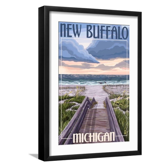 Art.com New Buffalo, Michigan - Beach Scene Art Print by Lantern Press, Black Frame Wall Art, 17" x 23"