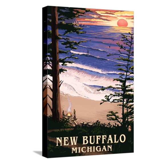 Art.com New Buffalo, Michigan - Sunset on Beach Stretched Canvas Print Wall Art by Lantern Press, 12" x 18"
