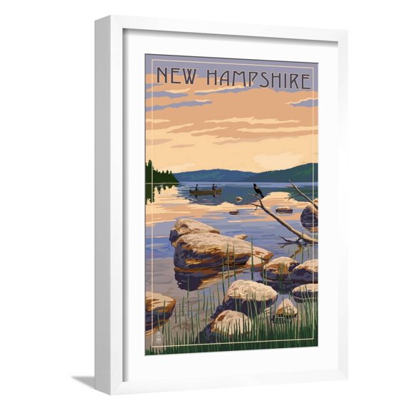 Art.com New Hampshire - Lake Sunrise Scene Art Print by Lantern Press, White Frame Wall Art, 17" x 23"