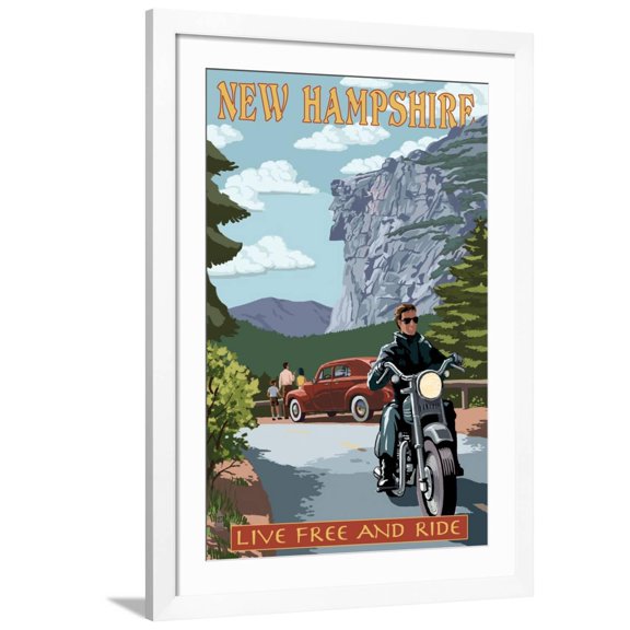 Art.com New Hampshire - Motorcycle Scene and Old Man of the Mountain Art Print by Lantern Press, White Frame Wall Art, 32" x 44"