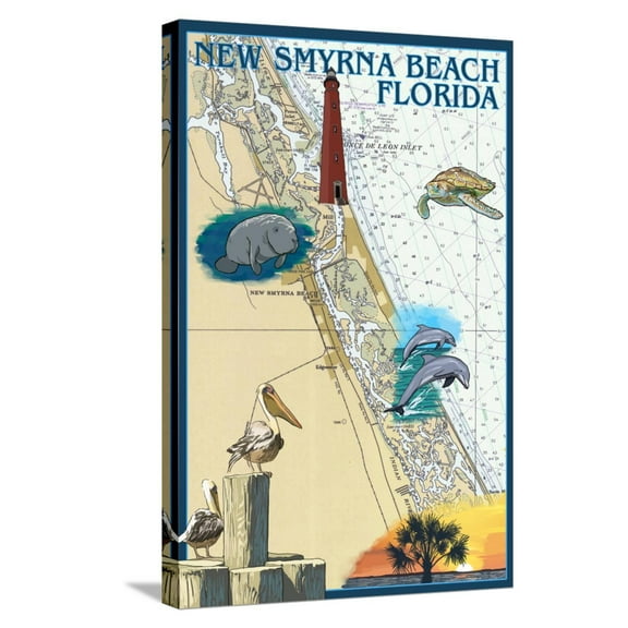Art.com New Smyrna Beach, Florida - Nautical Chart Stretched Canvas Print Wall Art by Lantern Press, 16" x 24"