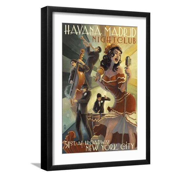 Art.com New York City, NY - Havana Madrid Nightclub Art Print by Lantern Press, Black Frame Wall Art, 17" x 23"