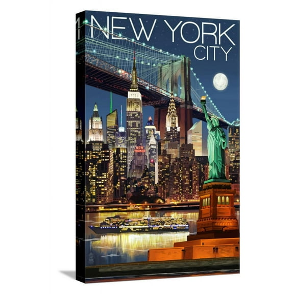 Art.com New York City, NY - Skyline at Night Stretched Canvas Print Wall Art by Lantern Press, 12" x 18"