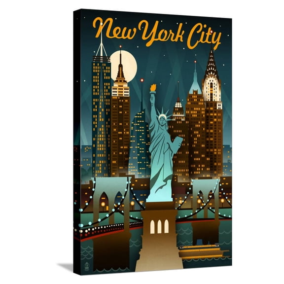 Art.com New York City, New York - Retro Skyline Stretched Canvas Print Wall Art by Lantern Press, 16" x 24"