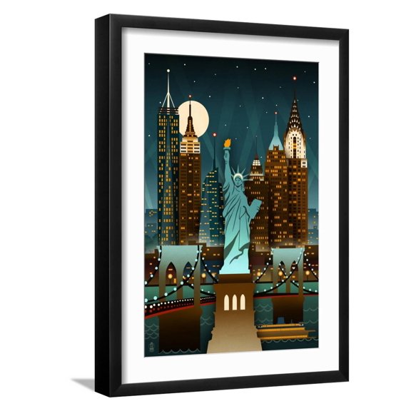 Art.com New York City, New York - Retro Skyline (no text) Art Print by Lantern Press, Black Frame Wall Art, 17" x 23"