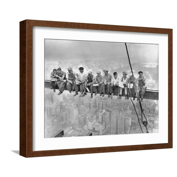 Art.com New York Construction Workers Lunching on a Crossbeam Photographic Print, Brown Frame Wall Art, 21" x 17"