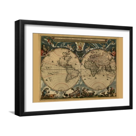 Art.com New and Accurate Map of the World Art Print by Joan Blaeu, Black Frame Wall Art, 23" x 17"
