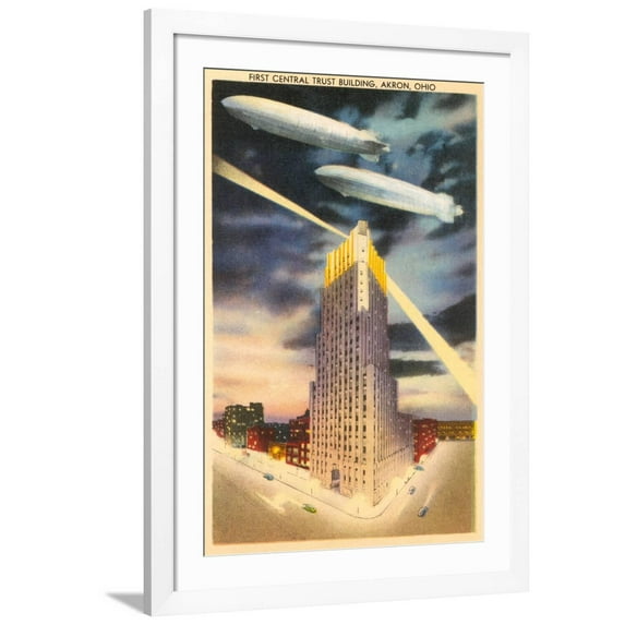 Art.com Night, Blimps over Central Trust, Akron, Ohio Art Print, White Frame Wall Art, 32" x 44"